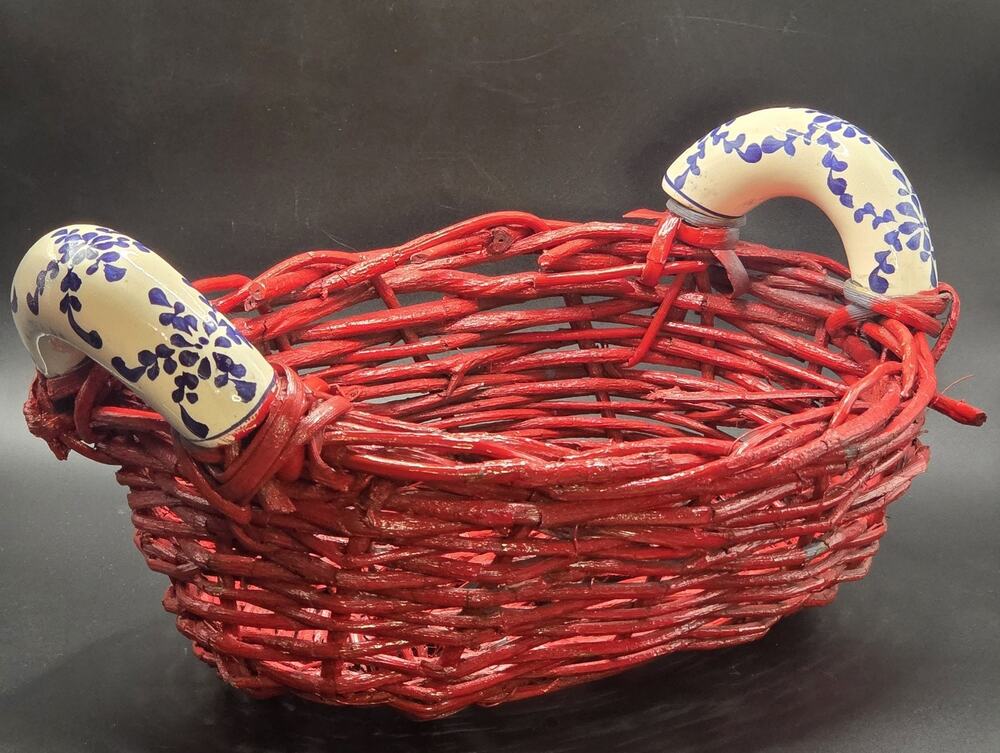 Vintage Wicker Red Egg Basket w/ Delft Style White Blue Flower Porcelain Handles